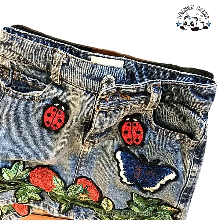 LEZONKIDS - Customizable Mommy and Me Cotton Washed Embroidered Patches Butterfly Ladybug Flowers Girls Denim Skirt